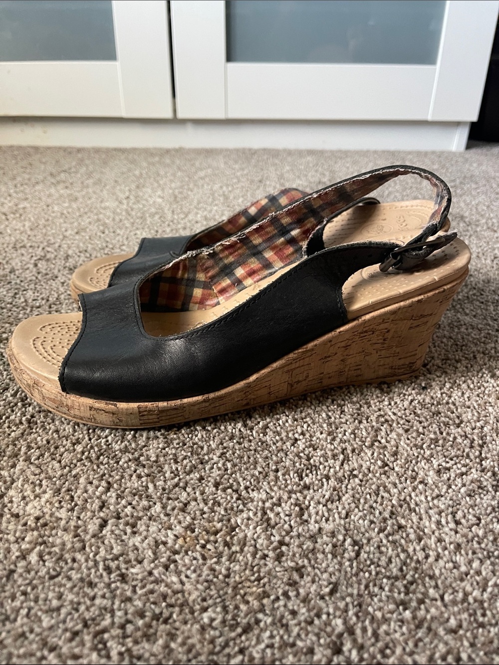 CROCS Black Leather Cork Wedge Slingback Sandals